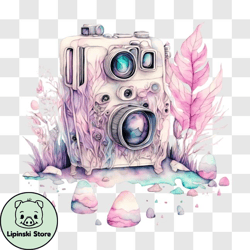 vintage camera with pink flowers and leaves png design 146