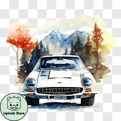 watercolor painting of vintage car in forest png design 162