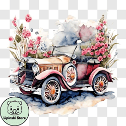 beautiful watercolor painting of a vintage car with floral decorations png design 164