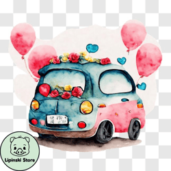 vintage car decorated with balloons and flowers for valentines day png design 170