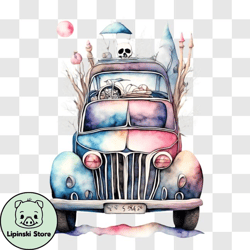 colorful watercolor painting of an old car with skulls and bicycles png design 179