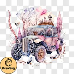 watercolor painting of vintage car with skulls and bones png design 188