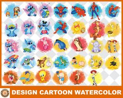 34 designs cartoon watercolor png,mega bundle spiderman png, disney png,logo fashion svg 38