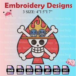 one piece machine embroidery pattern, portgas d. ace embroidery designs, ace logo embroidery files, digital download
