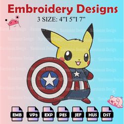 pikachu captain american embroidery designs, pokemon logo embroidery files, machine embroidery pattern, digital download