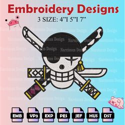 one piece machine embroidery pattern, roronoa zoro embroidery designs, logo embroidery files, digital download