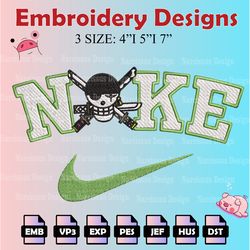 one piece machine embroidery pattern, nike roronoa zoro embroidery designs, zoro logo embroidery files, digital download