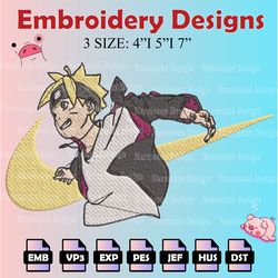 nike boruto machine embroidery pattern, digital download, uzumaki boruto embroidery designs, anime logo embroidery files