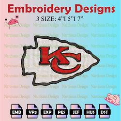 nfl kansas city chiefs logo embroidery files, nfl chiefs embroidery designs, machine embroidery pattern,digital download