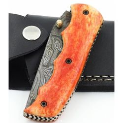 custom hand made damascus steel pocket folding knife, tanto folding knife