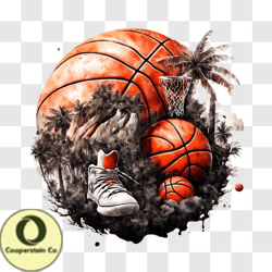 basketball and shoes on grass with palm trees png design 42
