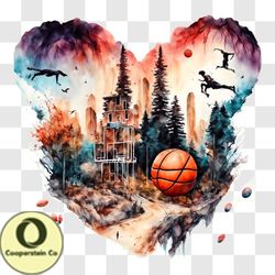 abstract basketball artwork with birds and trees png design 96