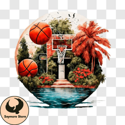 scenic basketball court with palm trees and pool png