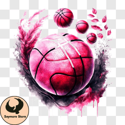 floating pink basketball with watercolor splatters and feathers png