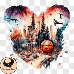 abstract basketball artwork with birds and trees png