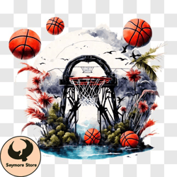 basketball hoop in water with flying basketball png