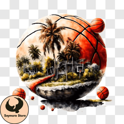 basketball ball floating on water with palm trees png