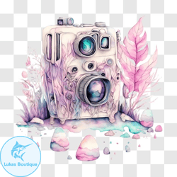 vintage camera with pink flowers and leaves png design 146