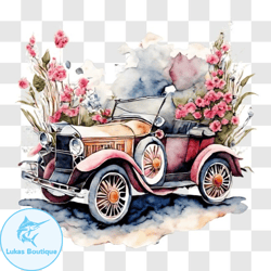 beautiful watercolor painting of a vintage car with floral decorations png design 164