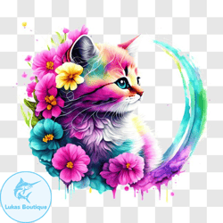 colorful kitten on crescent with flowers png design 229