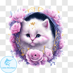 white cat with pink roses png design 253