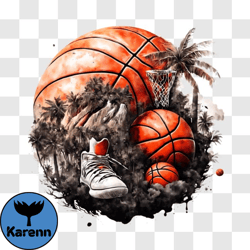 basketball and shoes on grass with palm trees png