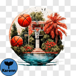 scenic basketball court with palm trees and pool png