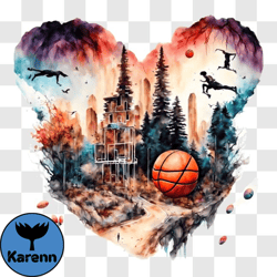 abstract basketball artwork with birds and trees png