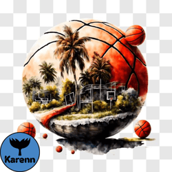 basketball ball floating on water with palm trees png