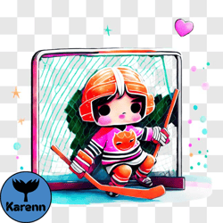 happy cartoon hockey player with puck and orange goalie net png