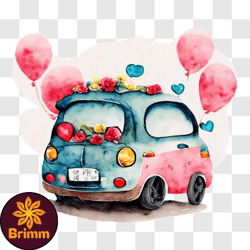 vintage car decorated with balloons and flowers for valentines day png