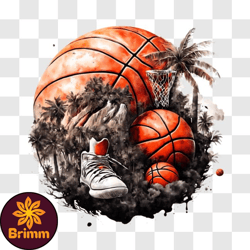 basketball and shoes on grass with palm trees png design 42