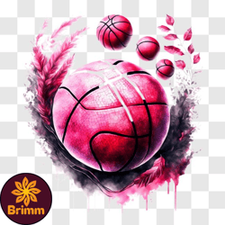 floating pink basketball with watercolor splatters and feathers png design 94