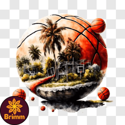 basketball ball floating on water with palm trees png design 110