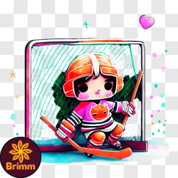 happy cartoon hockey player with puck and orange goalie net png design 128