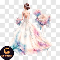watercolor illustration of elegant bride in wedding dress with colorful flowers png design 218