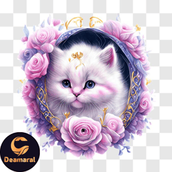 white cat with pink roses png design 253