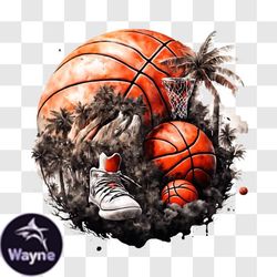 basketball and shoes on grass with palm trees png