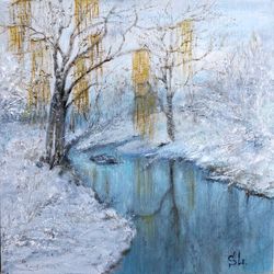oil painting of a winter landscape with birch trees by a river with blue water 10x10 inches.