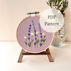 lavender and daisies embroidery pattern, botanical embroidery pdf , lavender embroidery bouquet pattern