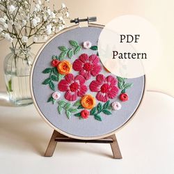 floral embroidery pdf pattern , beatiful meadow pattern with instruction for begginers