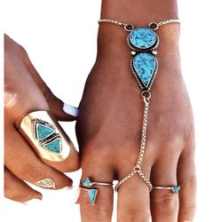 bohemian chain link finger bracelet, slave bracelet, turquoise ring bracelet