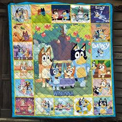 personalized custom name bluey quilt blanket, cartoon blankets fleece sherpa mink, bluey blanket gift for kid family.jpg