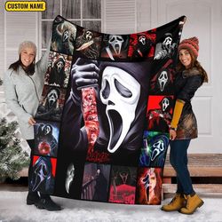 personalized name ghost face blanket, scream movies halloween blanket, horror movie fleece mink sherpa, no you hang up,