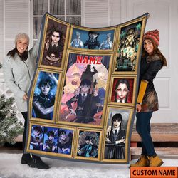 personalized name wednesday blanket, horror movie fleece mink sherpa halloween gift fan, the addams family fleece blanke