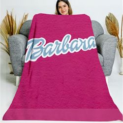 barbara blanket blue logo, barb movie blanket, barb lover, pink doll blanket, let's go party barb blanket, gift for her,