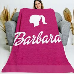 barbara blanket white logo, barb movie blanket, barb lover, pink doll blanket, let's go party barb blanket, gift for her