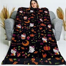 black kittys and friends halloween blanket, cute cat halloween blanket, kitty halloween pumpkin blanket, halloween gift,