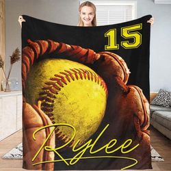 custom number name softball blanket, softball blanket, softball gift for girls, softball gift, custom sports gift, team