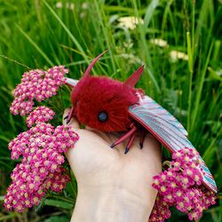 in stock - unique plush burgundy moth doll - handmade insect figurine